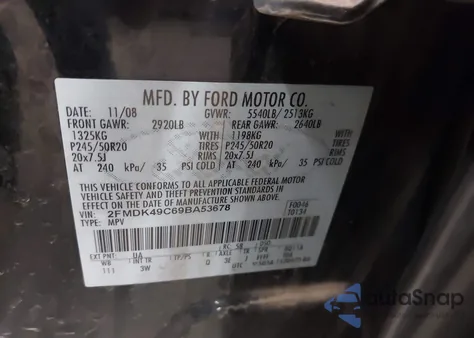 2009 Ford Edge Limited z USA, uszkodzony, nr VIN 2FMDK49C69BA53678